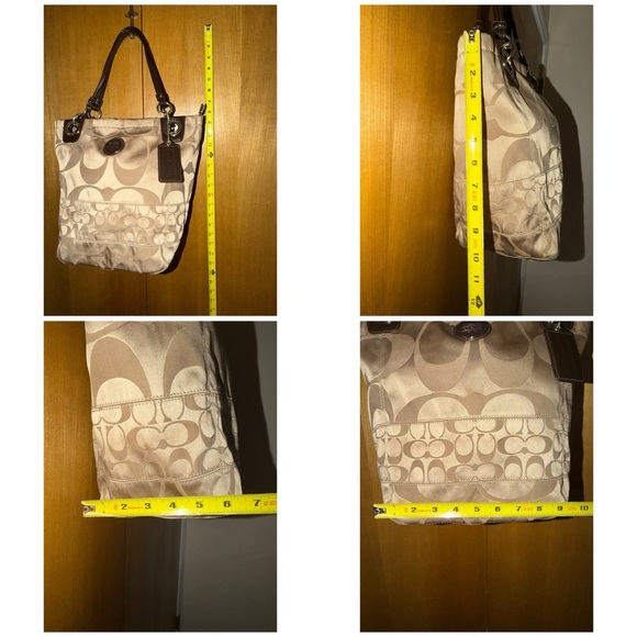 Coach Signature Stripe Khaki Satin Tote Bag Brown Leather Trim Style 14449 - Picture 4 of 16